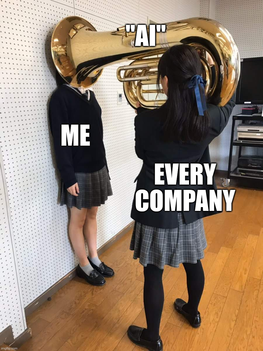 Two girls in school uniforms. One girl is standing with her back to the wall (caption: me). The other girl (caption: every company) points a giant tuba at her (caption: AI), covering her head