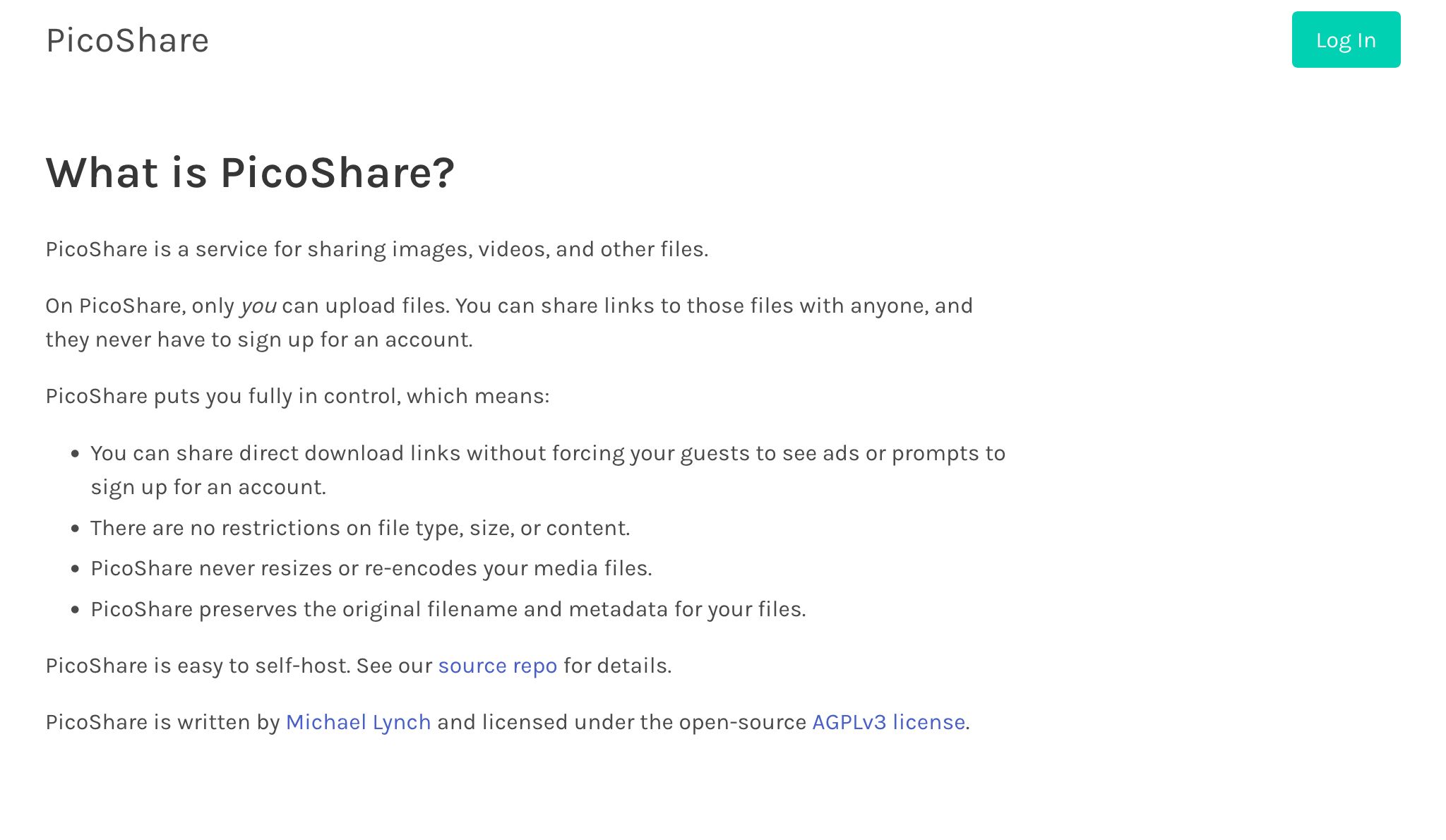 PicoShare greeting page